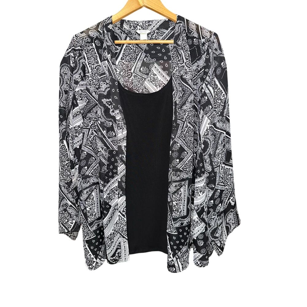 Christopher & Banks Blouse Top Black White Semi Sheer XL Mature Occasion Holiday